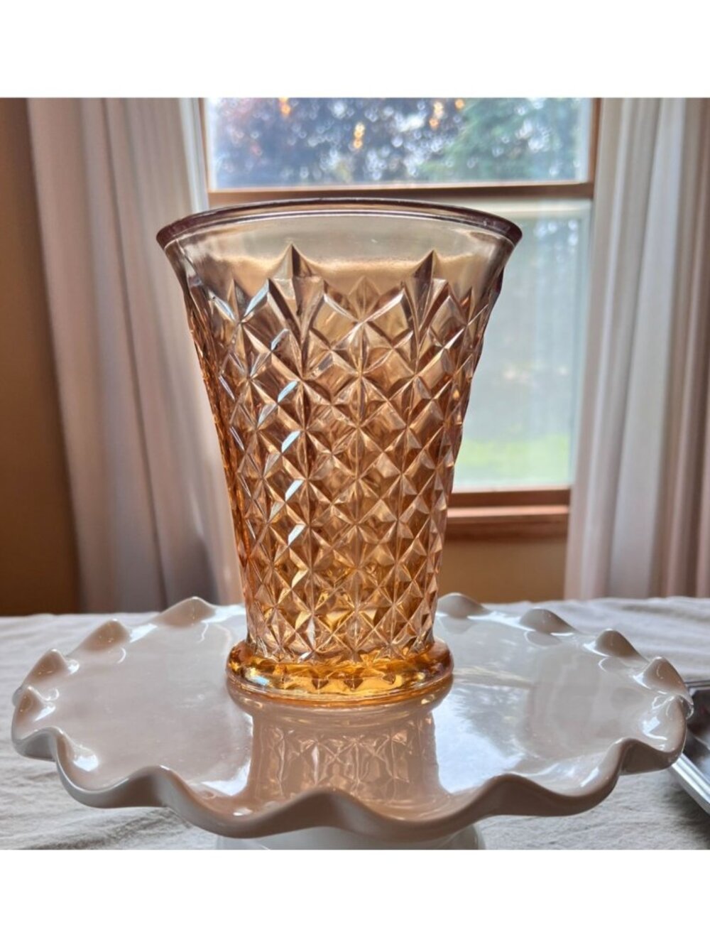 VTG Diamond-Cut Pink Carnival Indiana Glass Elegant Home Décor Accent Vase 7" Hi